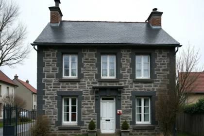 Façade d'une maison en mâchefer avant rénovation avec murs en laitier granuleux sombre et jardin envahi de végétation dans un quartier résidentiel du nord de la France