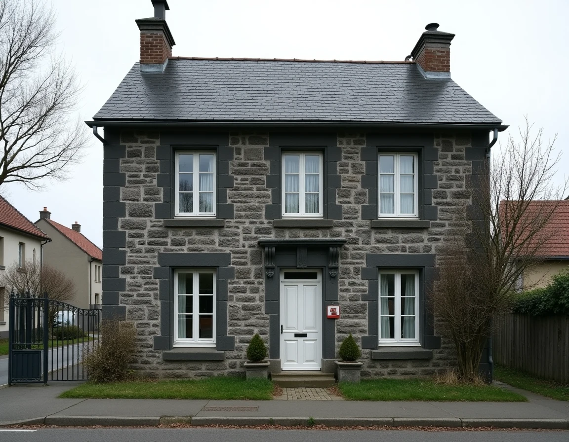 Façade d'une maison en mâchefer avant rénovation avec murs en laitier granuleux sombre et jardin envahi de végétation dans un quartier résidentiel du nord de la France
