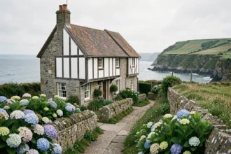 Maison normande à colombages en bord de mer avec vue sur la Manche et jardin fleuri d'hortensias