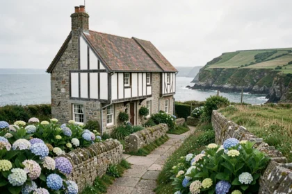 Maison normande à colombages en bord de mer avec vue sur la Manche et jardin fleuri d'hortensias
