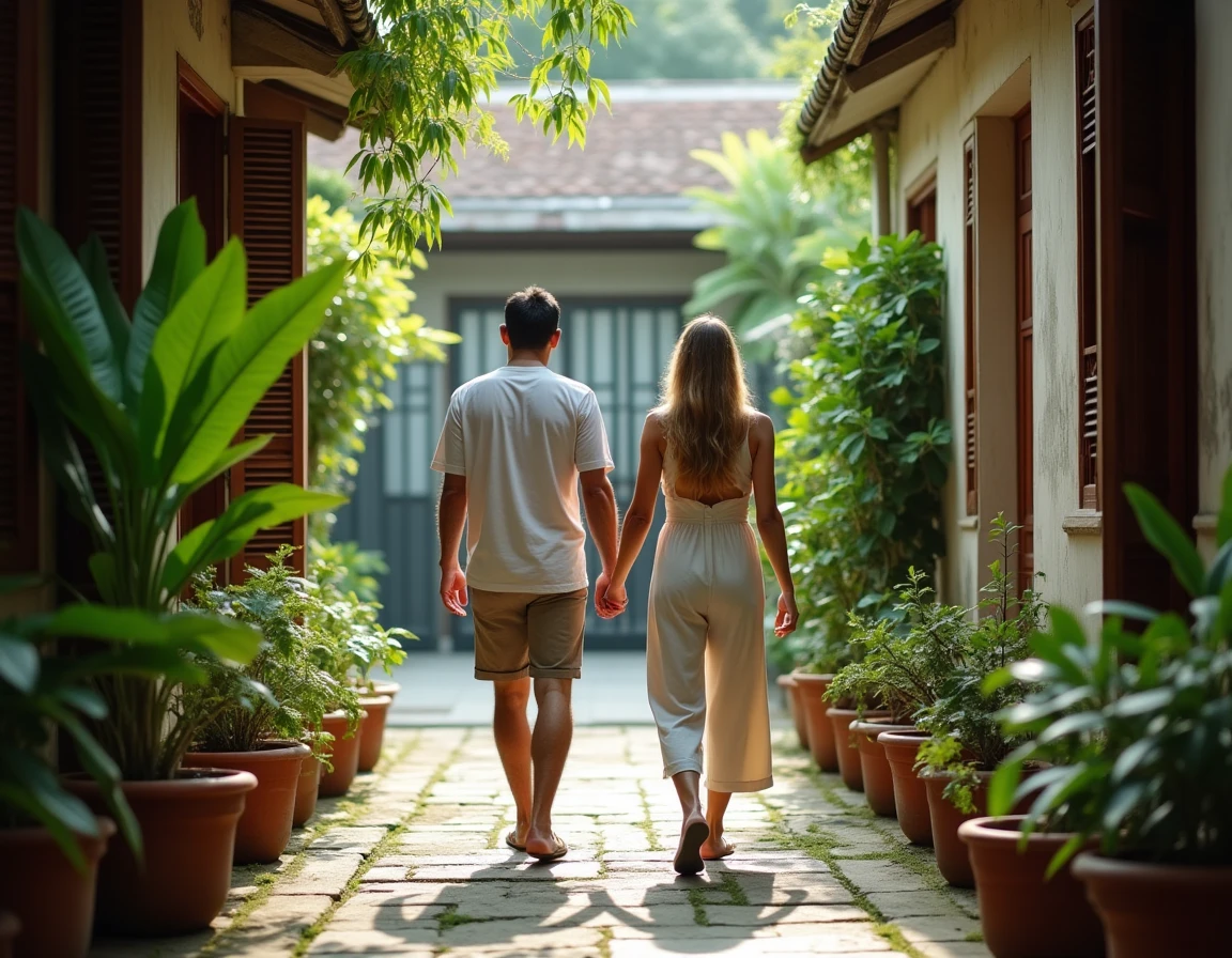 Couple expatrié se promenant dans la cour d'une maison traditionnelle thaïlandaise dans un quartier résidentiel calme de Bangkok