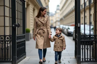Maman élégante avec son fils devant une école parisienne