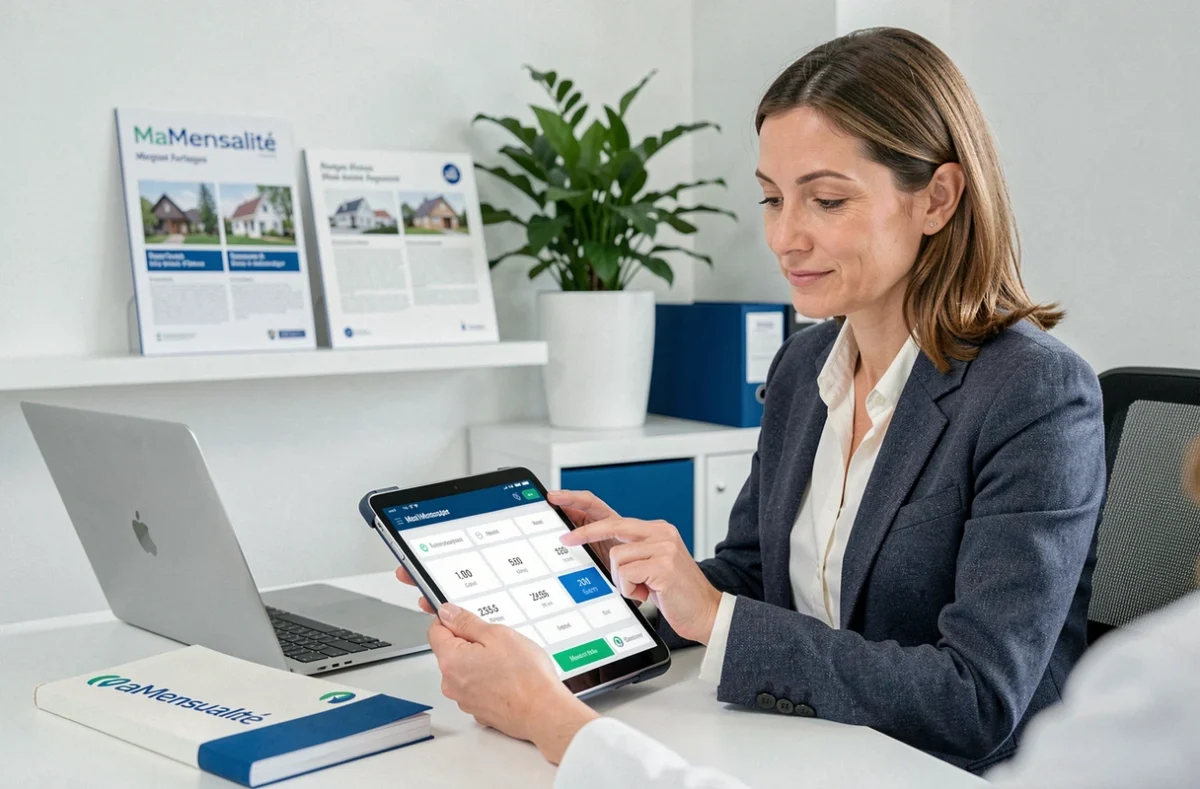 Conseillère MaMensualité.fr présentant un calcul de mensualité de prêt immobilier sur tablette