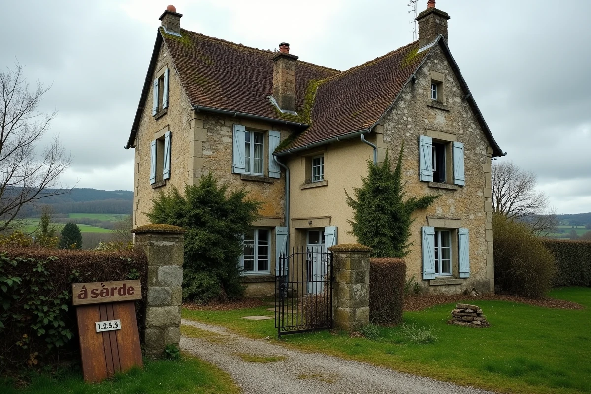 Manoir en pierre abandonné à vendre en milieu rural français, avec un panneau 'à vendre' devant un portail rouillé