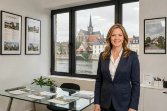 Agent immobilière professionnelle devant une vue panoramique sur les toits de Rouen et la Seine, illustrant les meilleures agences immobilières en Seine-Maritime