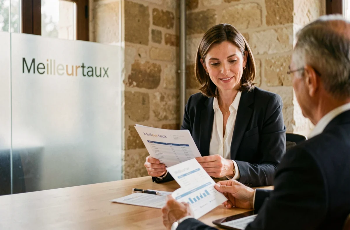 Conseillère de l'agence Meilleurtaux de Nîmes présentant une comparaison de prêts immobiliers à un client