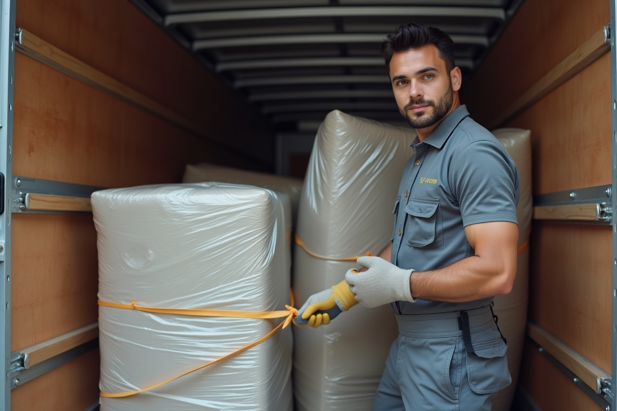 Monteur professionnel sécurisant un meuble dans un camion de déménagement