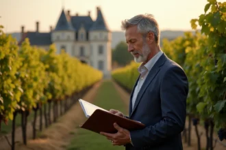 Négociateur tenant un dossier devant les rangées de vignes d'un domaine viticole bordelais à vendre