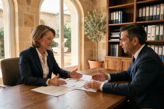 Propriétaire et investisseur immobilier négociant la vente d'un bien à Aix-en-Provence autour d'une table avec des documents