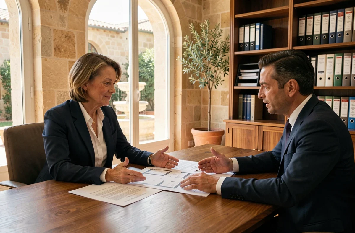 Propriétaire et investisseur immobilier négociant la vente d'un bien à Aix-en-Provence autour d'une table avec des documents