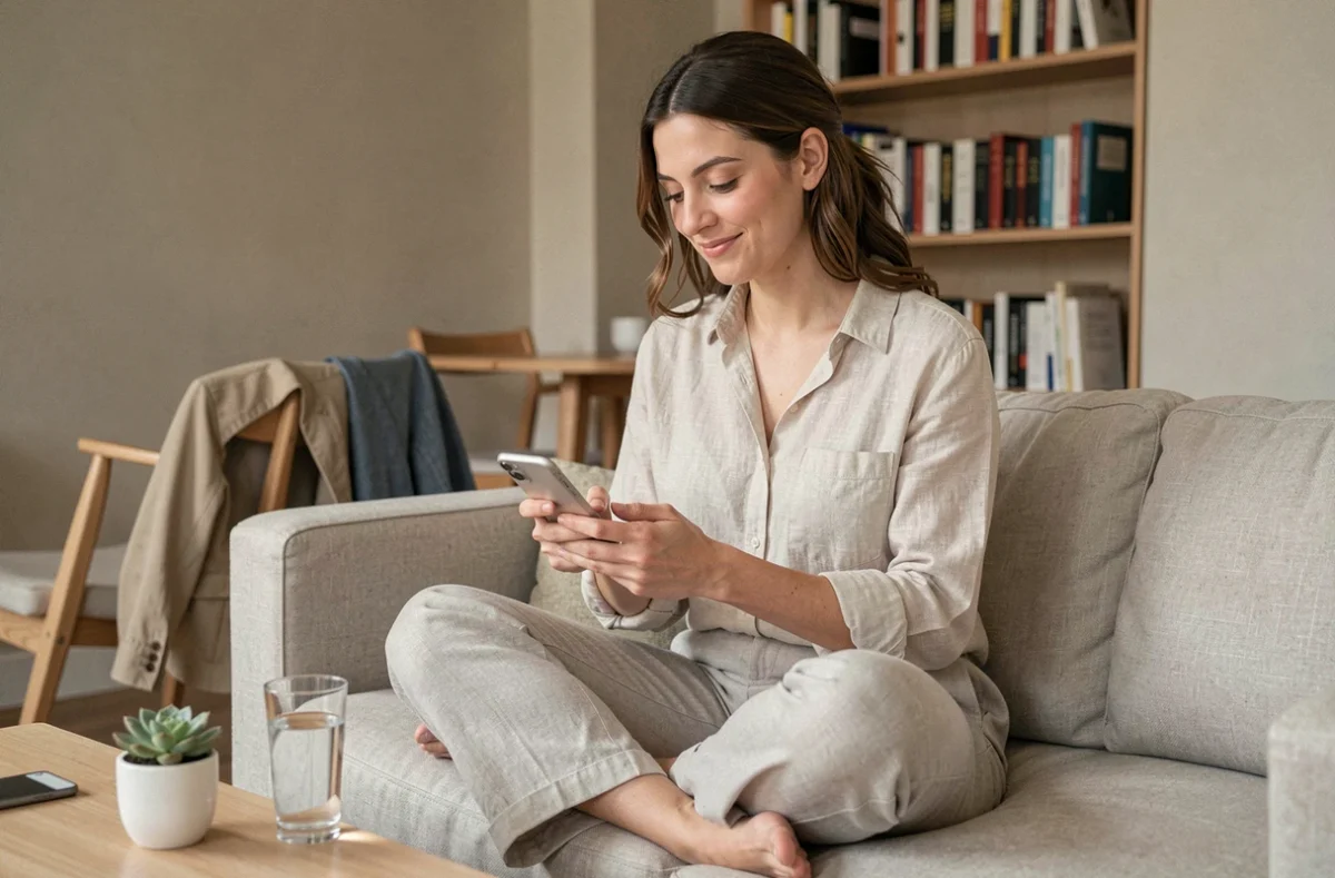 Femme utilisant une application de gestion de colocation sur son smartphone dans un salon moderne
