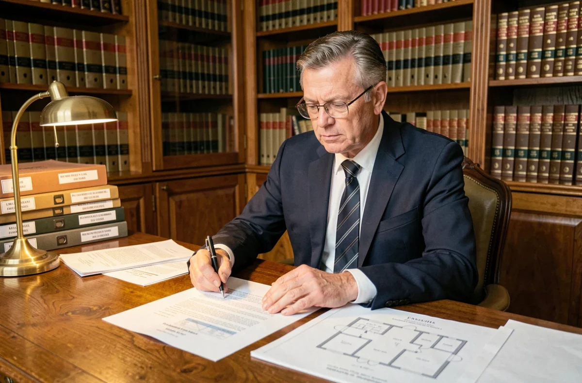 Notaire de Limoges examinant un acte de vente d'appartement dans son étude traditionnelle