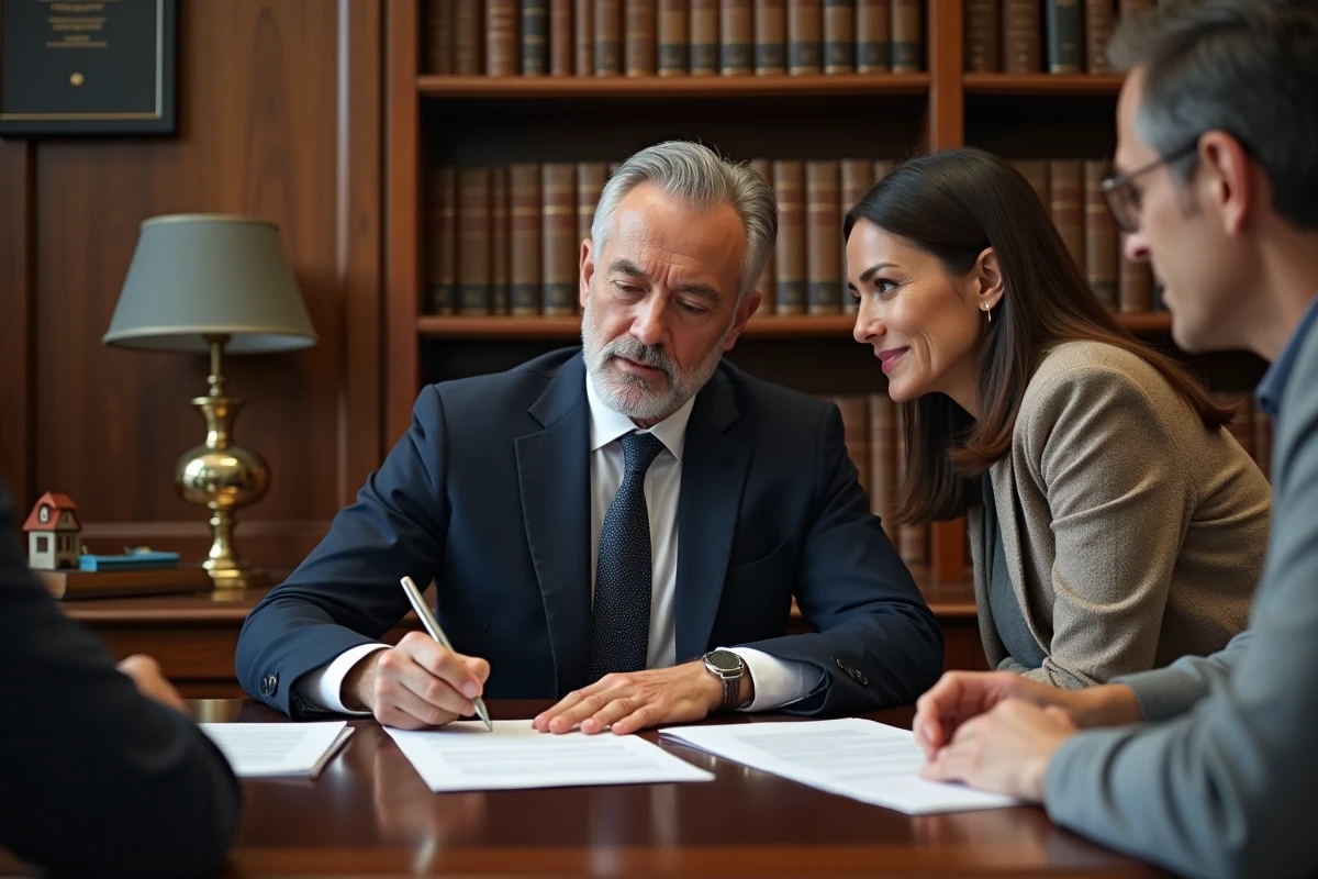 Notaire expliquant le rachat de parts d'une maison héritée à un couple lors d'une consultation juridique