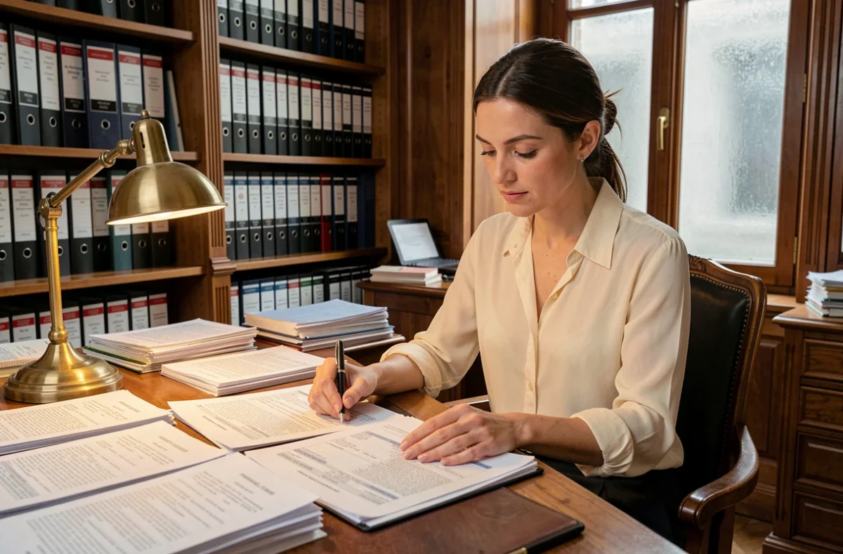 Assistante notariale vérifiant des documents de succession et d'hypothèques dans une étude notariale