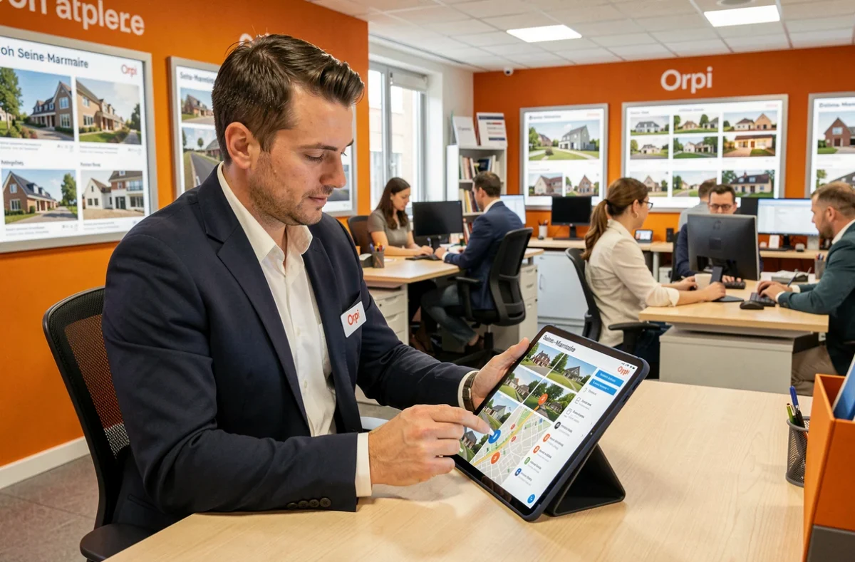 Négociateur Orpi en blazer sombre consultant une carte interactive des propriétés de Seine-Maritime sur tablette dans une agence avec accents orange caractéristiques