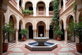 Patio central d'un riad traditionnel à Marrakech avec fontaine en zellige et arcades en stuc sculpté