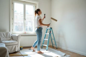 Femme peignant un mur blanc dans un salon urbain