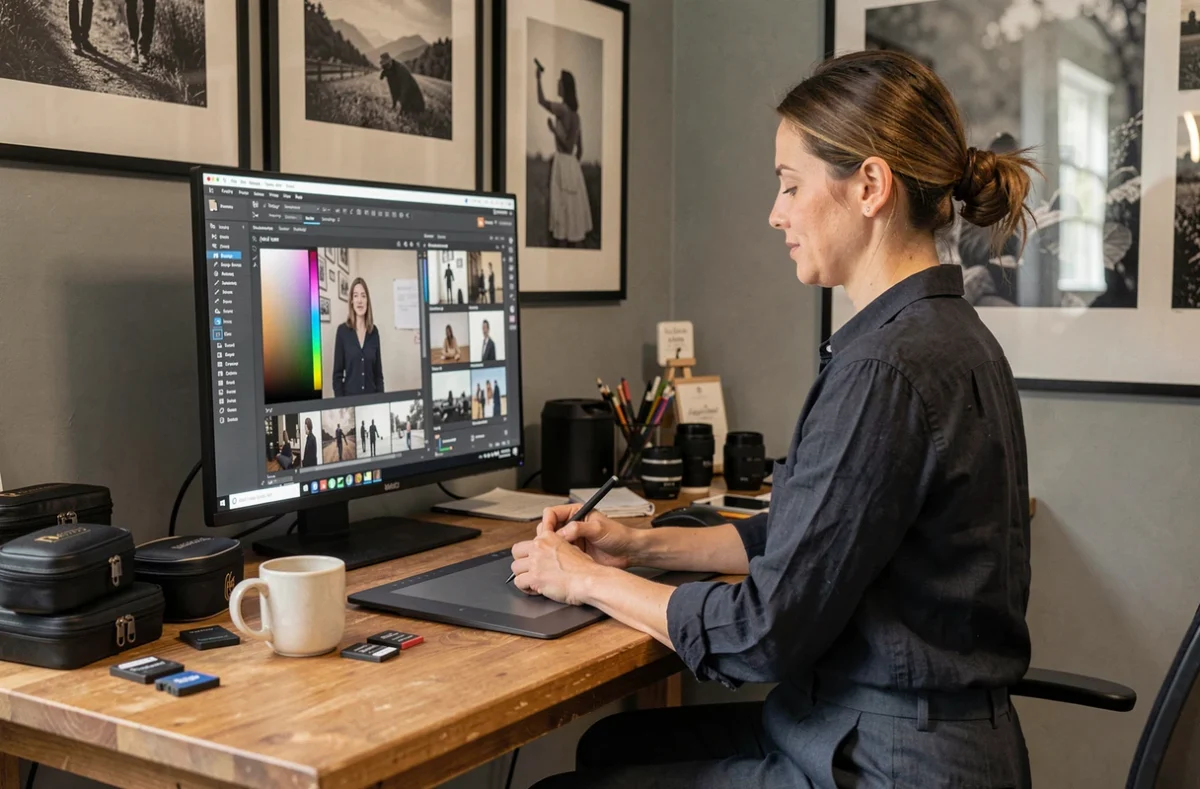 Photographe professionnelle retouchant des images sur écran calibré dans un studio photo à La Roche-sur-Yon