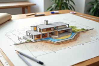 Plan en coupe technique d'une maison individuelle avec détails du terrain et de la construction sur table à dessin