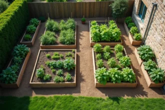 Vue aérienne d'un potager de 6 ares bien aménagé avec des carrés de culture en bois dans un jardin résidentiel