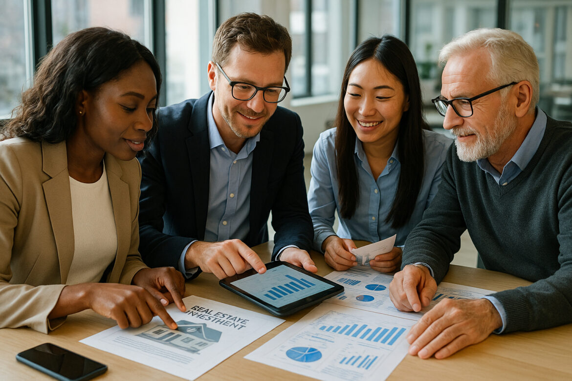 Groupe de professionnels analysant des documents immobiliers