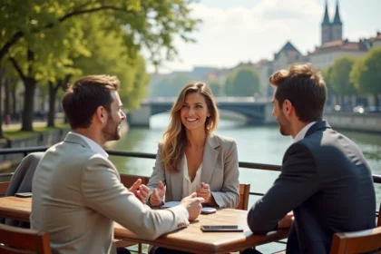 Groupe de professionnels discutant sur une terrasse à Lyon