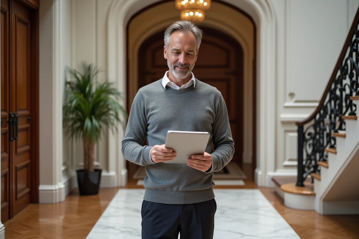 Propriétaire consultant une estimation immobilière en ligne sur tablette dans le hall d'entrée d'une propriété de prestige