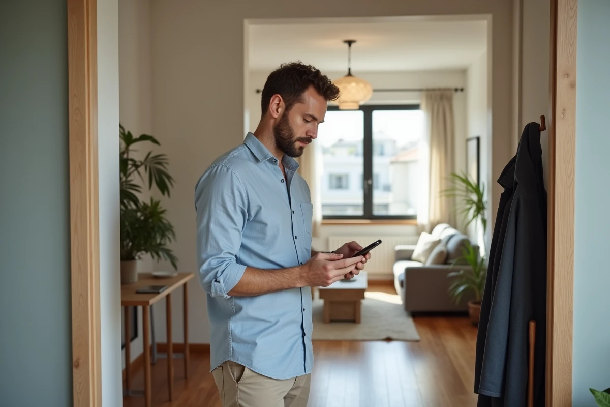Propriétaire masculin consultant son smartphone à l'entrée d'un appartement de location saisonnière bien décoré