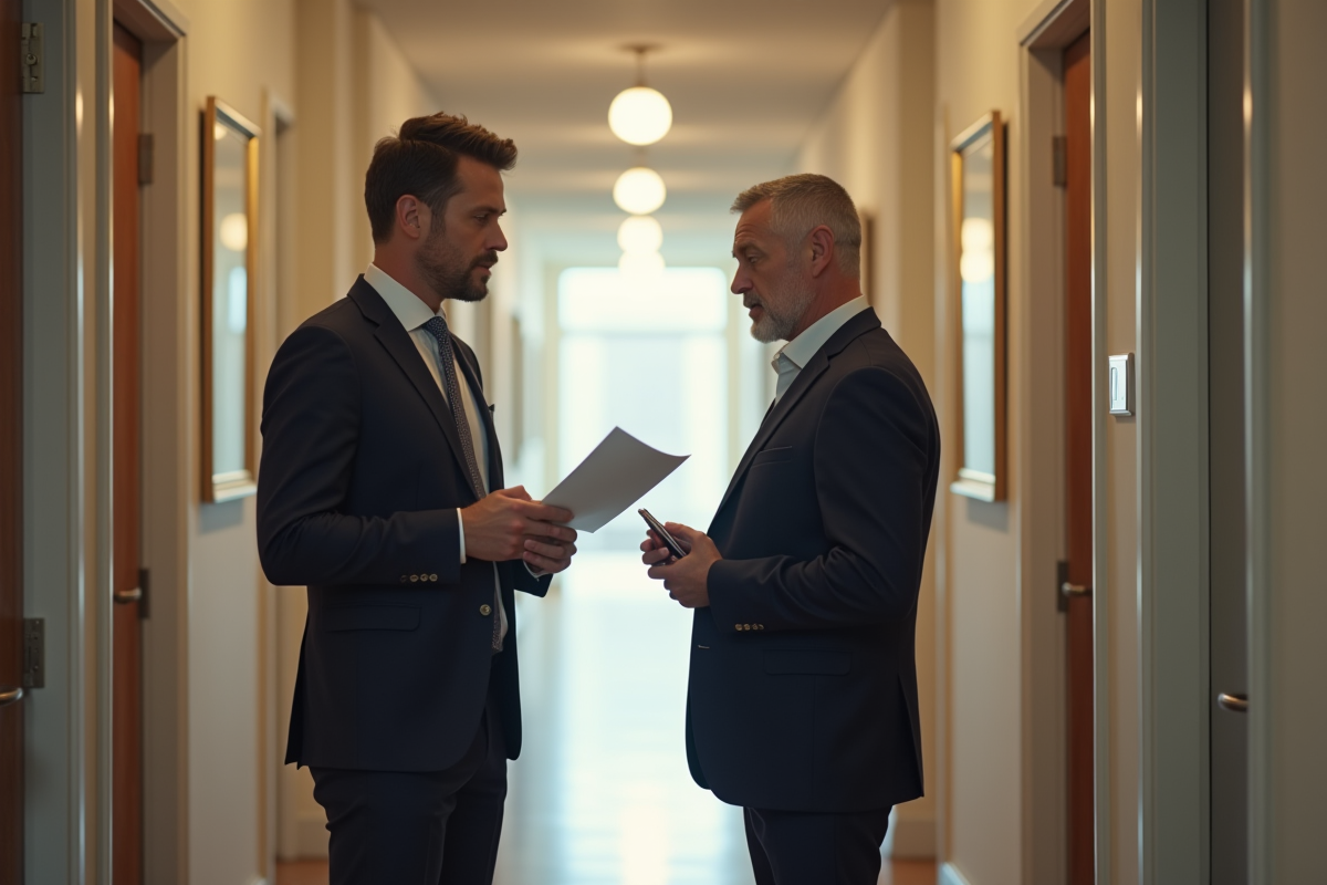 Proprietaire et locataire discutant calmement dans un hall d appartement
