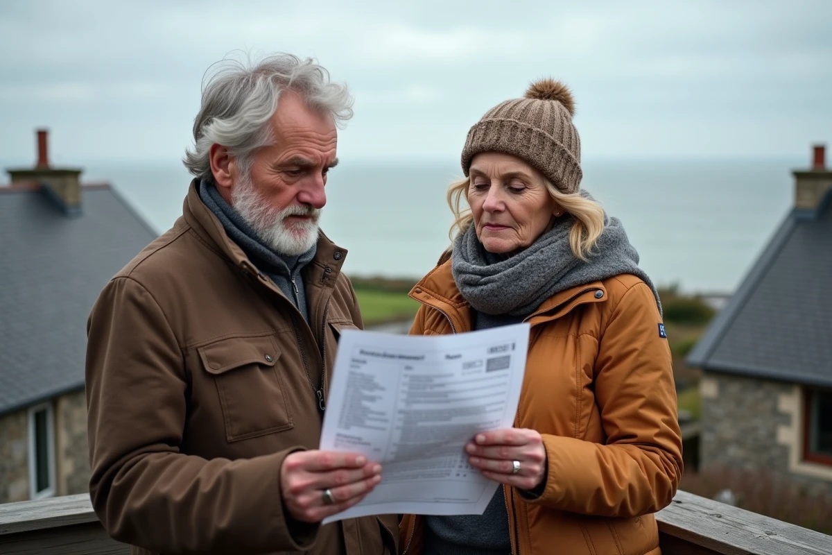 Couple de propriétaires consultant des documents fiscaux sur la terrasse de leur résidence secondaire en Bretagne
