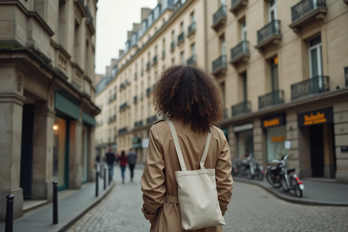 Femme debout dans une rue pavée du quartier Saint-François au Havre, devant un immeuble de l'ère Perret illustrant le rapport qualité-prix immobilier