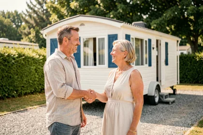 Deux particuliers concluent un rachat de mobil home en se serrant la main devant le véhicule sur un camping
