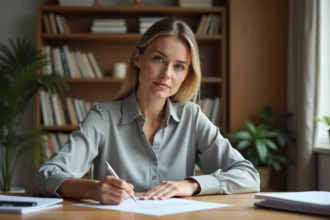 Femme rédigeant une lettre formelle d'annulation de préavis de location à son bureau à domicile