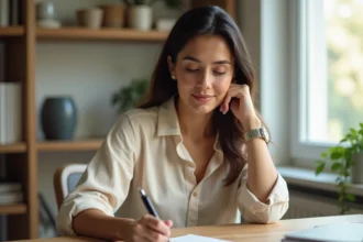 Femme rédigeant une lettre de motivation pour un dossier de location à son bureau à domicile