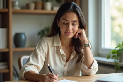 Femme rédigeant une lettre de motivation pour un dossier de location à son bureau à domicile