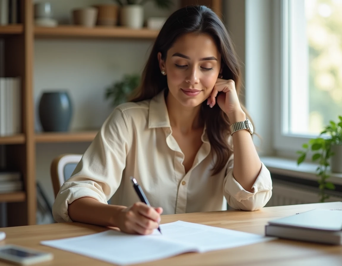 Femme rédigeant une lettre de motivation pour un dossier de location à son bureau à domicile