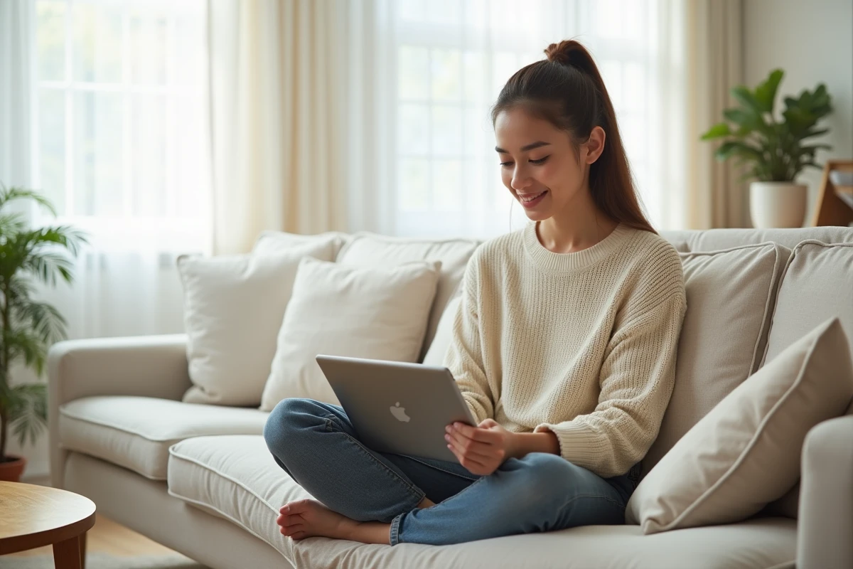 Jeune femme consultant sa tablette pour finaliser la réinitialisation de son mot de passe IAD depuis chez elle
