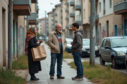 Résidents du quartier Nord de Villeneuve-Saint-Georges devant un immeuble HLM, scène de vie quotidienne en banlieue parisienne