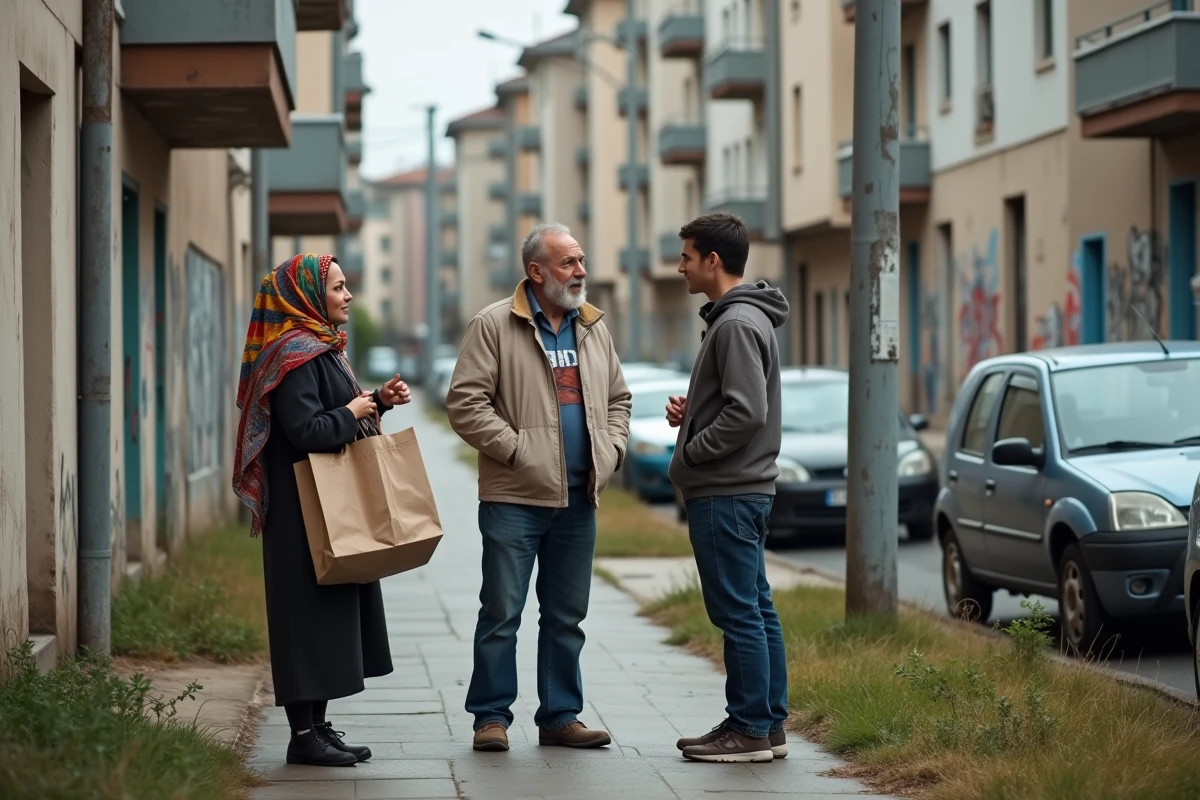 Résidents du quartier Nord de Villeneuve-Saint-Georges devant un immeuble HLM, scène de vie quotidienne en banlieue parisienne