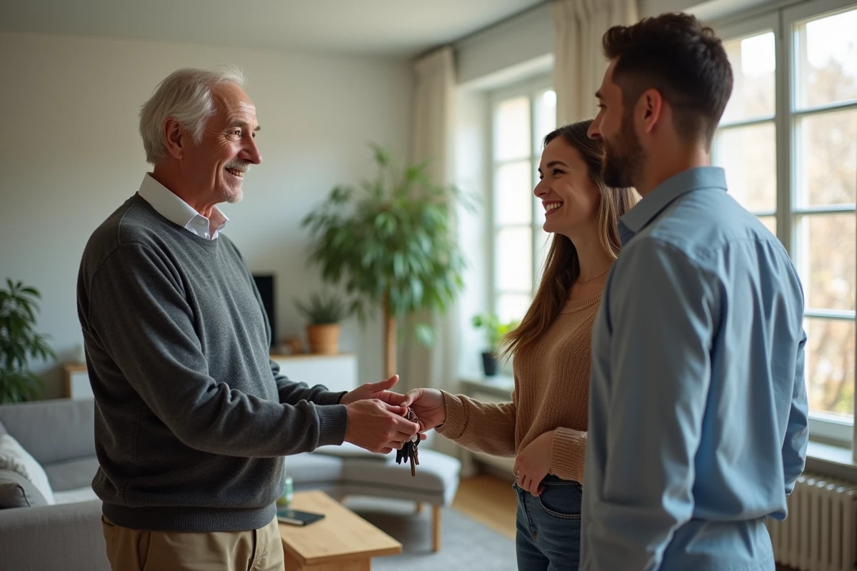Couple recevant des clés dans un appartement lumineux