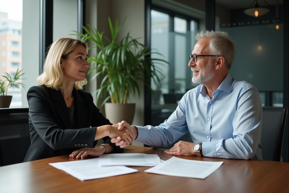 Deux professionnels se serrent la main en réunion d'affaires