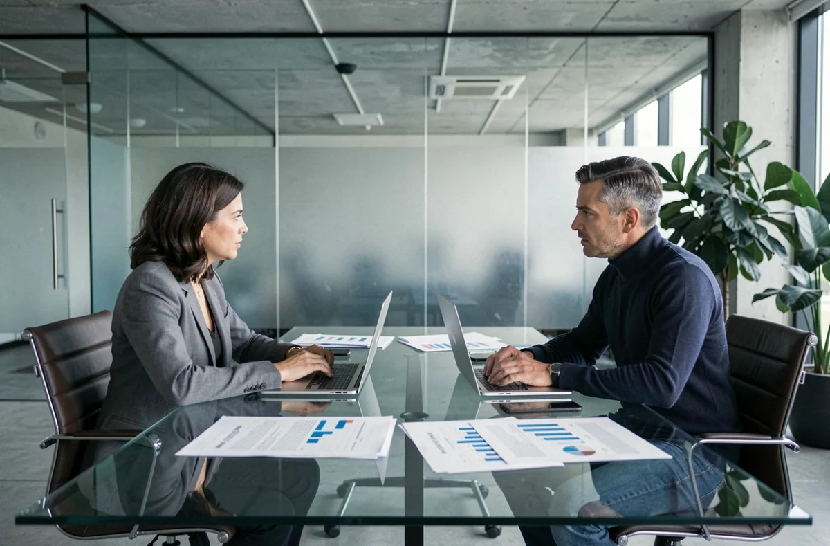 Deux professionnels en réunion analysant le potentiel de convergence et de revente d'actifs à moyen terme