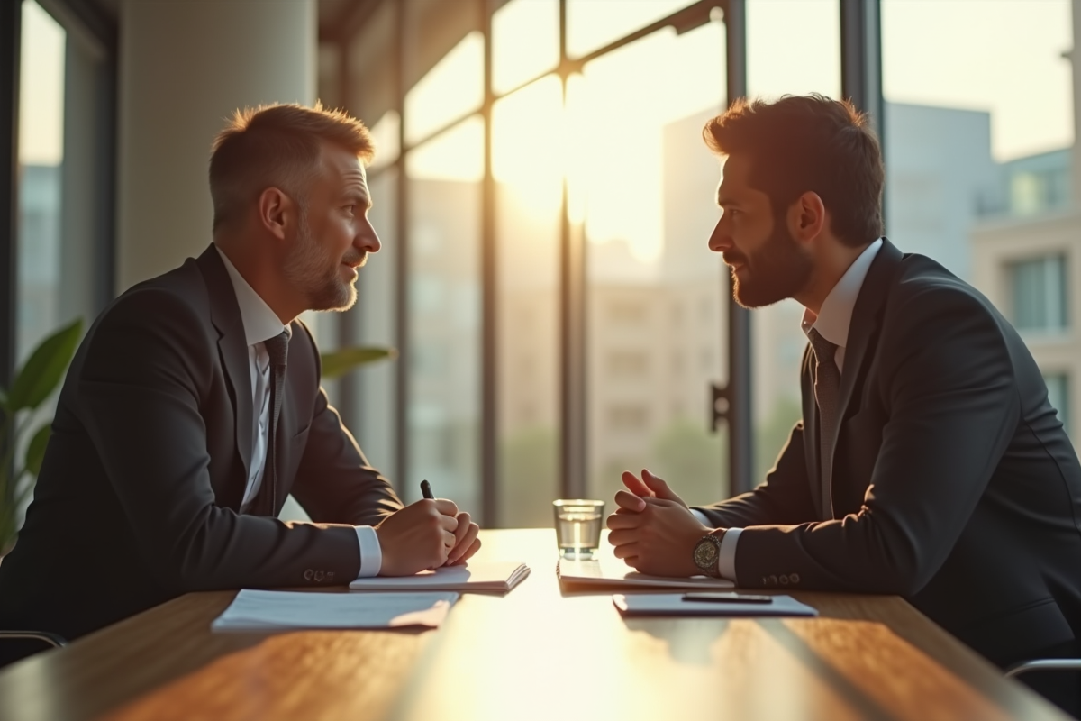 Réunion entre un propriétaire et un locataire dans un bureau lumineux
