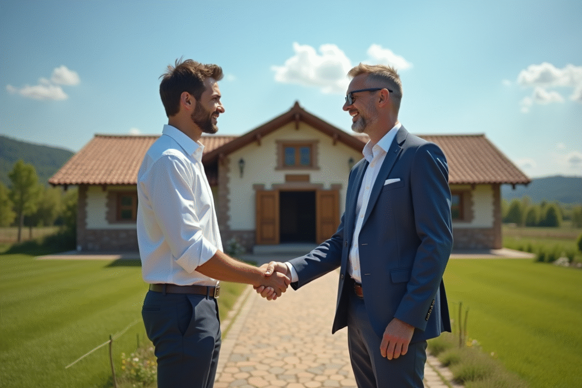 Entrepreneur souriant serrant la main du maire du village devant la mairie rénovée
