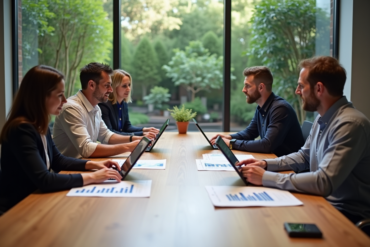 Groupe de professionnels discutant de portefeuilles d
