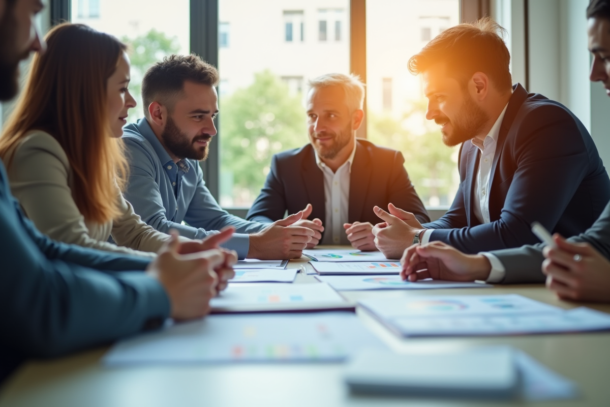 Réunion entre travailleurs indépendants et conseiller financier en discussion
