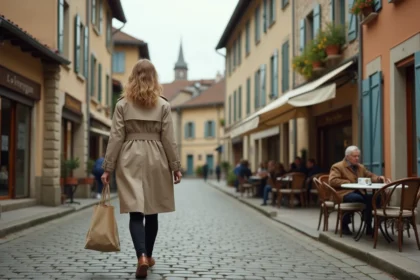 Femme se promenant dans une rue piétonne calme de Romans-sur-Isère, architecture en pierre typique de la Drôme, ambiance tranquille de ville de province française