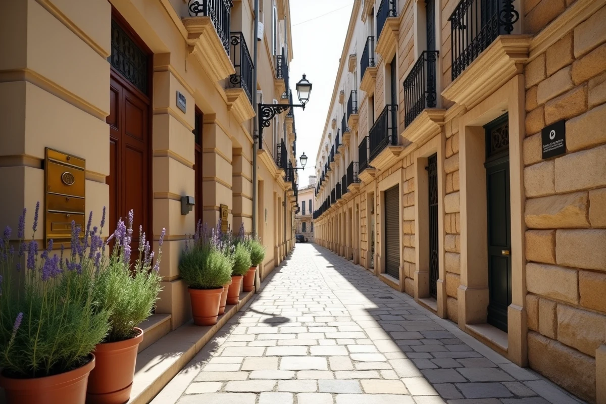 Rue résidentielle haut de gamme au centre de Marseille mêlant architecture Art Déco et immeubles en pierre provençale