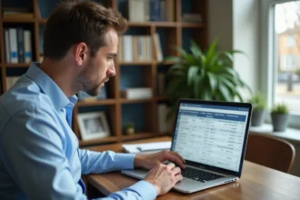 Homme analysant un simulateur de rentabilité locative sur ordinateur portable dans un bureau à domicile
