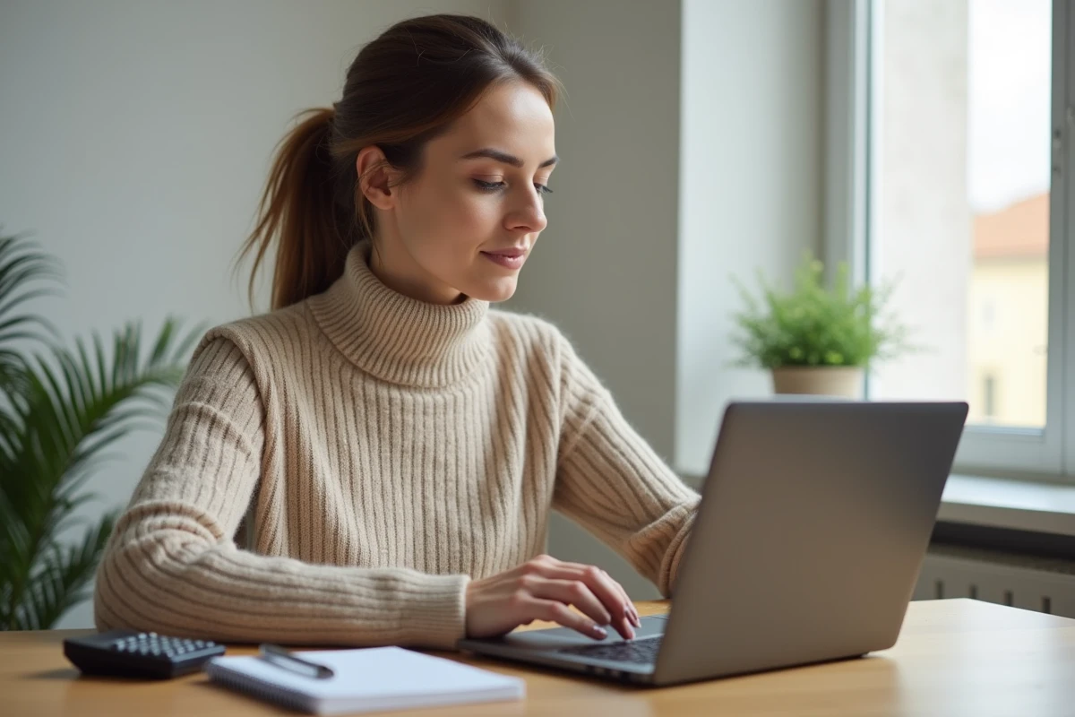 Jeune femme calculant son apport personnel et simulant un prêt PTZ sur ordinateur portable à domicile
